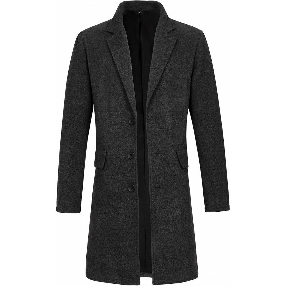 🆕Men's Dark Grey Wool Blend Single-Breasted Mid-Length Trench Pea Overcoat